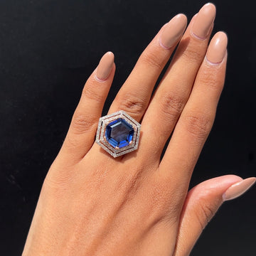 Sapphire Hex Halo Diamond Ring