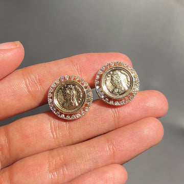 Vintage Coin Diamond Stud Earrings