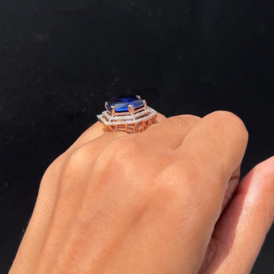 Sapphire Hex Halo Diamond Ring
