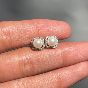 Diamond Square Pearl Earrings