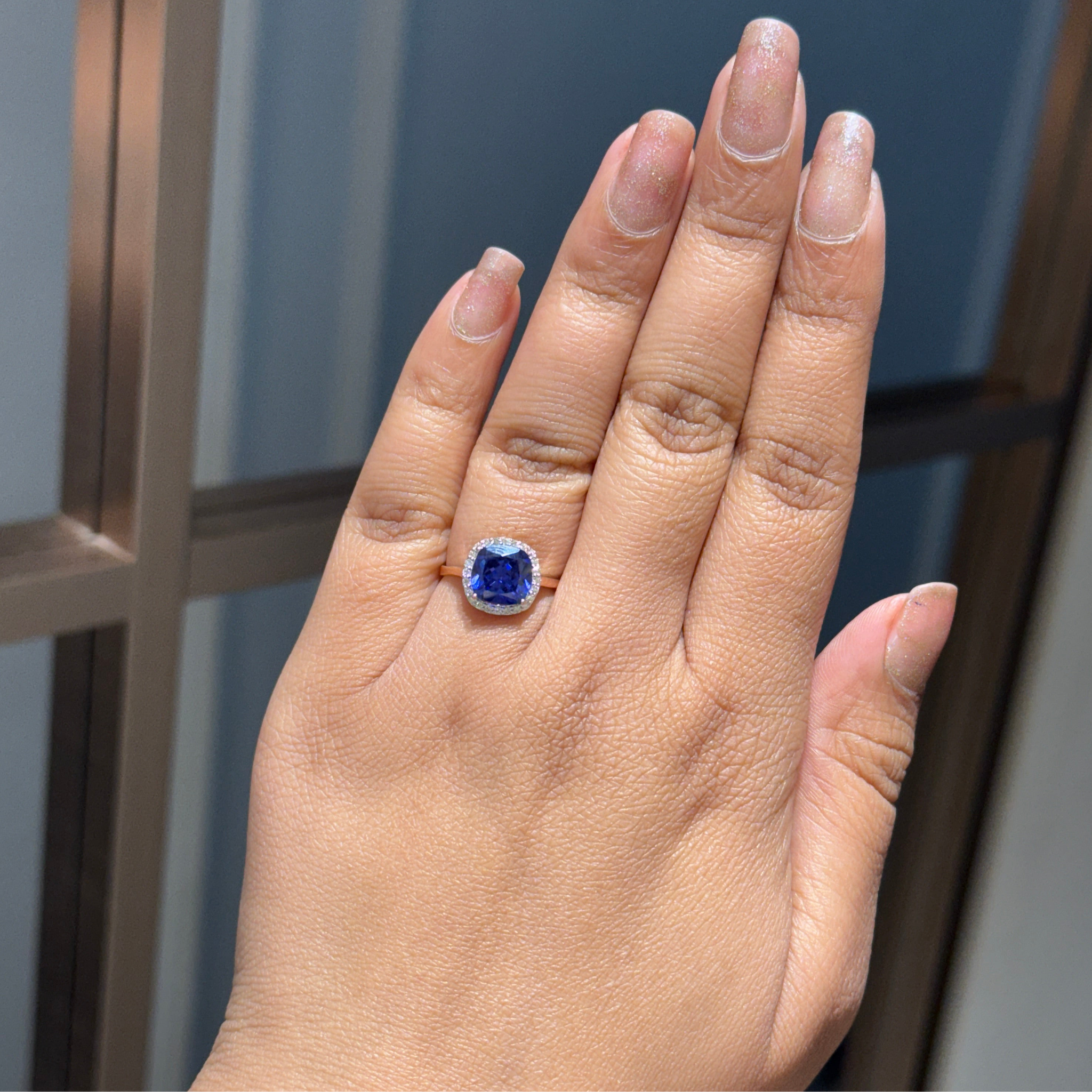 Viral Blue Tanzanite Cushion-Cut Diamond Ring