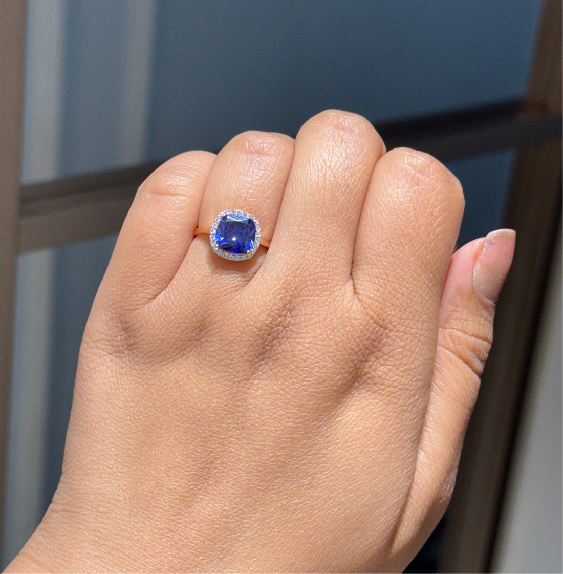 Viral Blue Tanzanite Cushion-Cut Diamond Ring