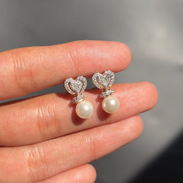 Diamond Heart Pearl Drop Earrings