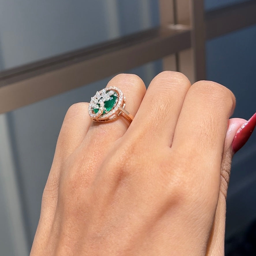 EmeraldGlow Diamond Leaf Ring