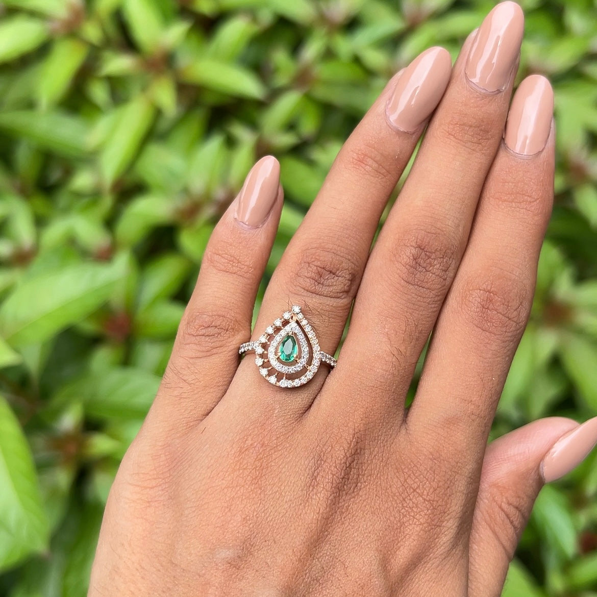 Emerald Teardrop Halo Diamond Ring
