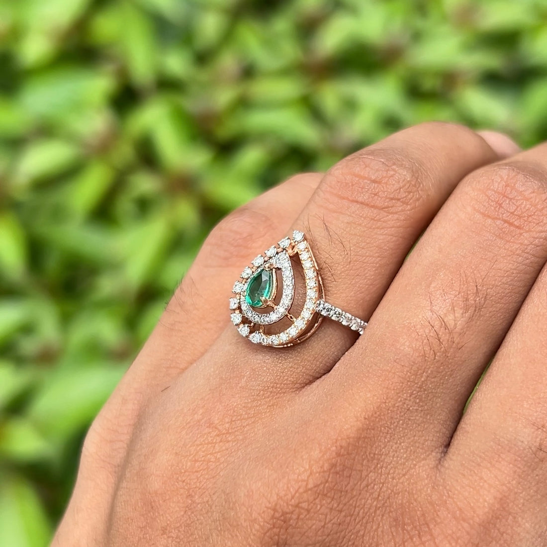 Emerald Teardrop Halo Diamond Ring