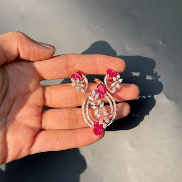 Crimson Petal Orbit Diamond Pendant Set